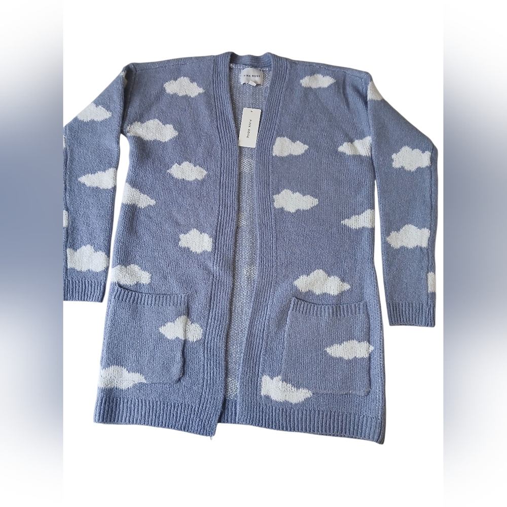 Pink Rose DK Blue Clouds Pattern  Cardigan2 Pockets Inthe Front NEW